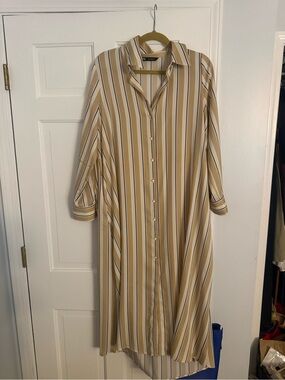Zara Beige and White Striped Long Sleeve Shirt Dress